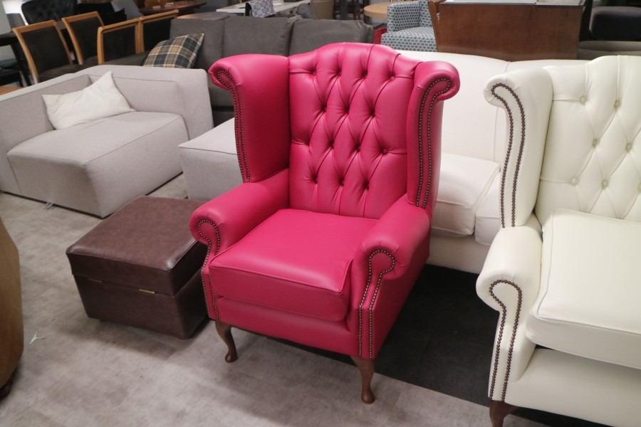Scroll Wing Chair Chesterfield Leather Armchair - Shelly Anemone
