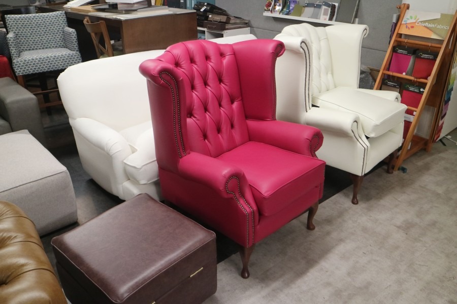 Scroll Wing Chair Chesterfield Leather Armchair - Shelly Anemone